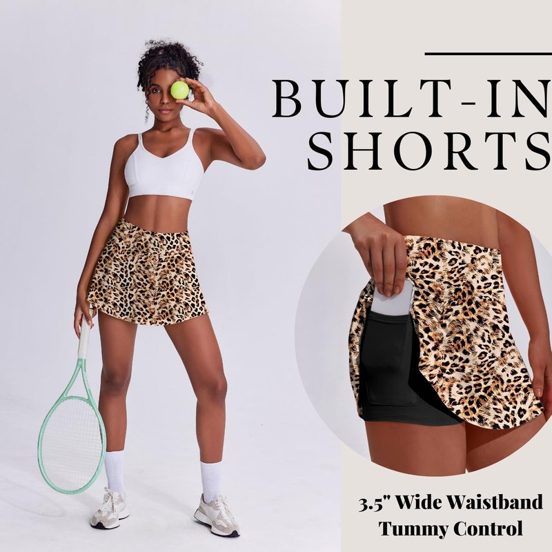 PINSPARK Womens Pleated Tennis Skirt with Pockets Lightweight Athletic Golf Skorts Skirts for Running Workout,Leopard Small