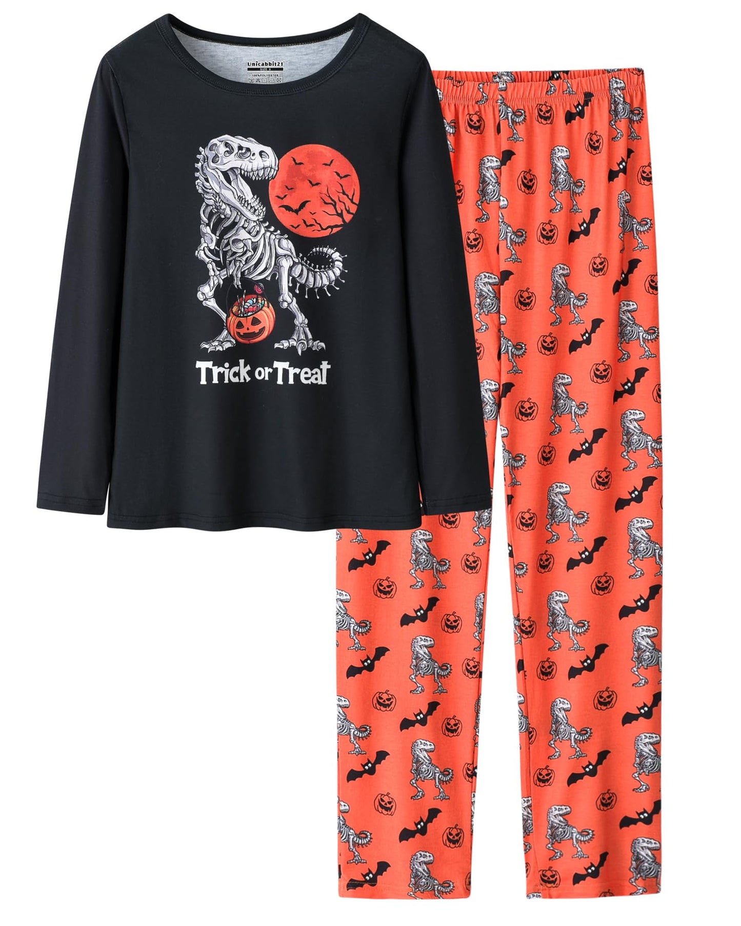 UNICABBIT21 Pajamas for Boys Cute Black Dinosaur Halloween Long Sleeve and Pants Sleepwear 2-pieces Big Kids PJS Clothes Size 6
