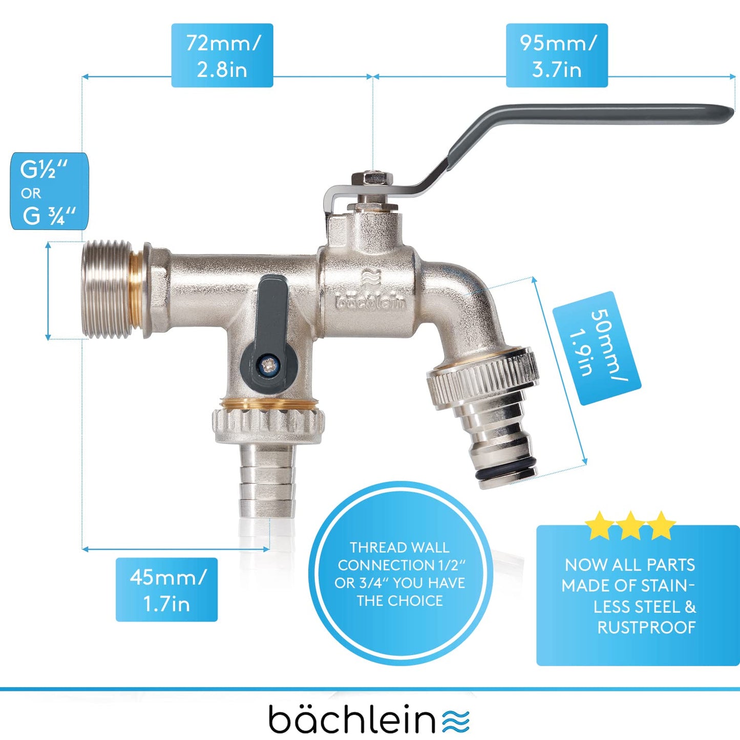 Bächlein Universal Double Outlet Tap for The Garden [Anthracite] incl. 2 Hose Connections - Noble Double Water Tap with 1/2 and 3/4 Inch Connection, Double Ball Outlet Valve