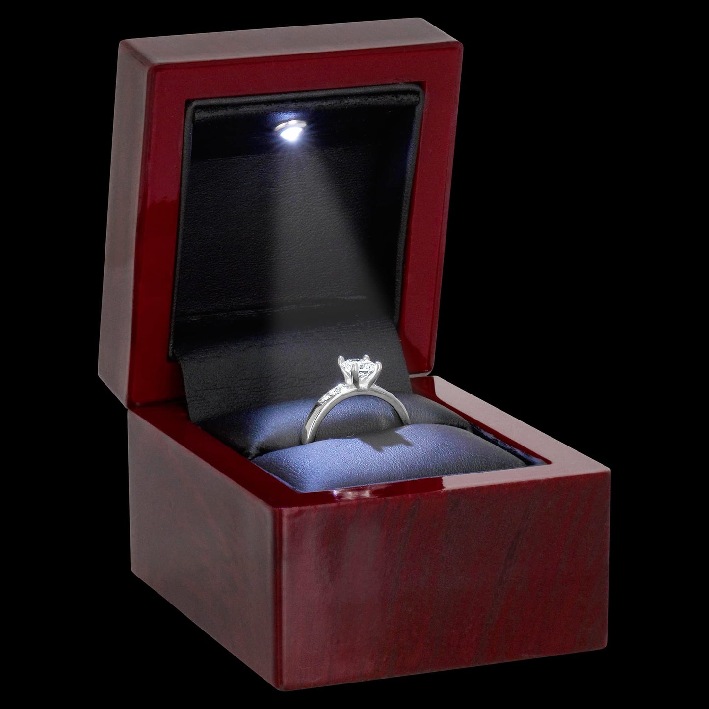 Noble Cherry Ring Box with Light - Unique LED Engagement Ring Box for Proposal Ring or Special Occasions (Mahogany/Black Insert)