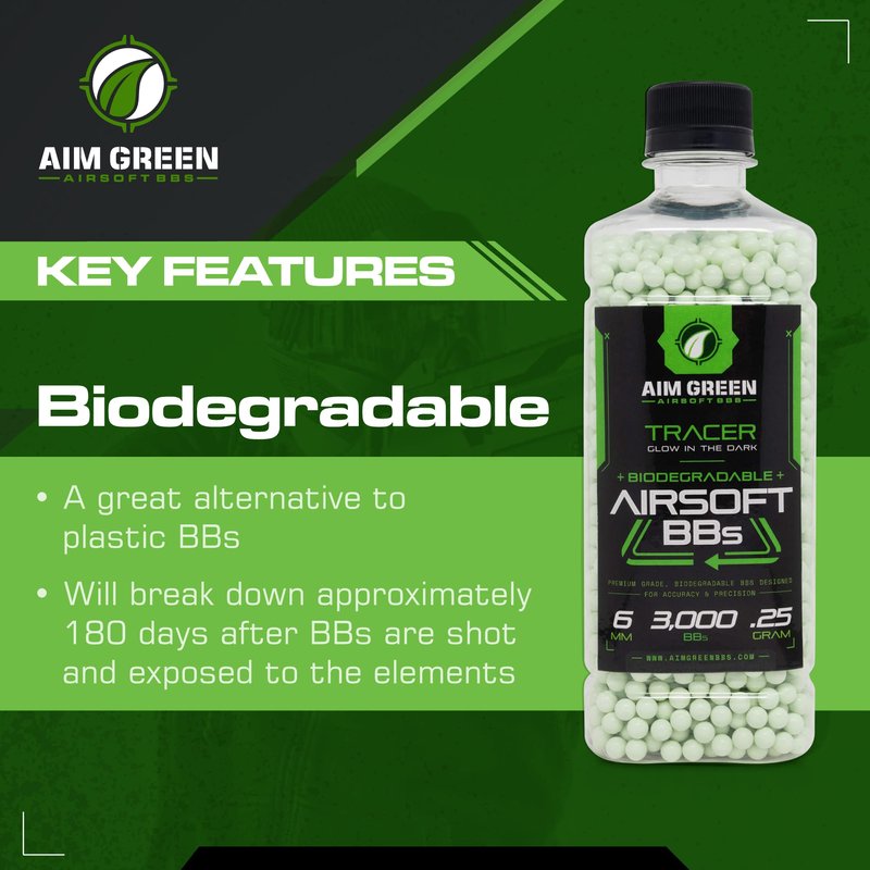 Aim Green Tracer Biodegradable Airsoft BBS, Glow-in-The-Dark BBS, 3,000 Count, .25 Grams