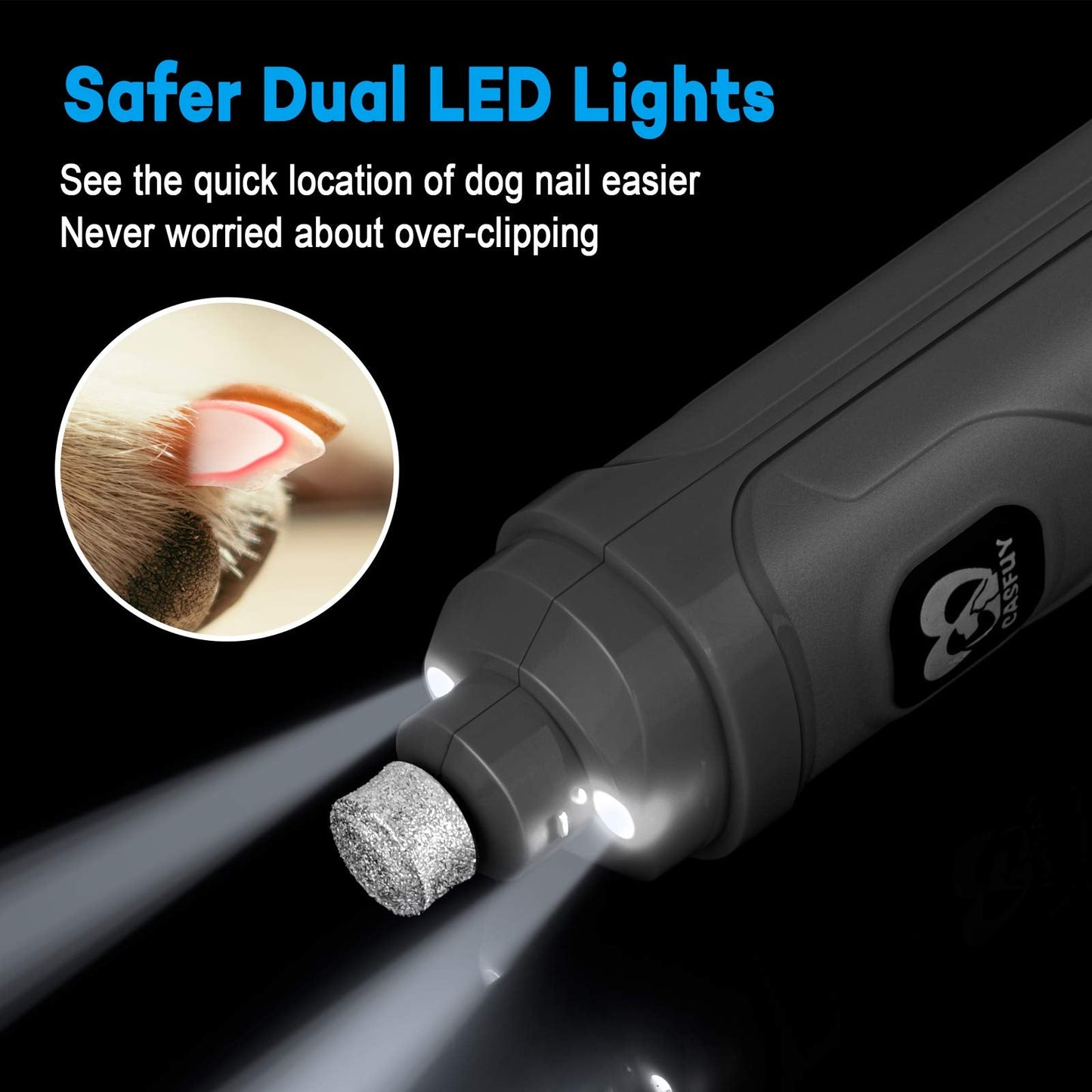 Casfuy Dog Nail Grinder with 2 LED Light - New Version 2-Speed Powerful Electric Pet Nail Trimmer Professional Quiet Painless Paws Grooming & Smoothing for Small Medium Large Dogs and Cats