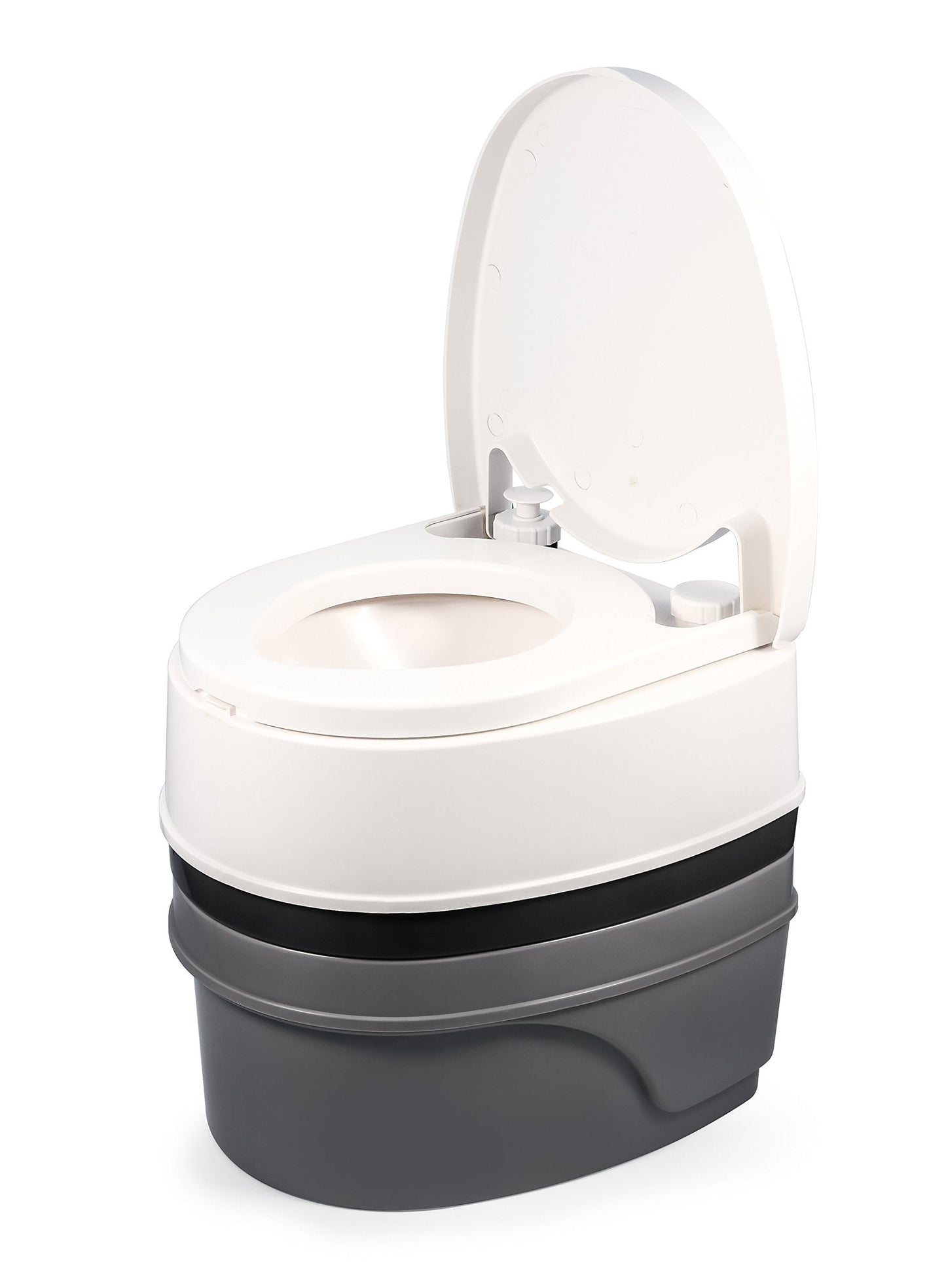 Camco Premium Portable Travel Toilet With Three Directional Flush and Swivel Dumping Elbow | Designed for Camping, RV, Boating And Other Recreational Activities - (5.3 gallon) (41545),White