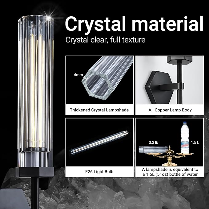 Crystal BathroomVanity Wall Sconces Set of Two Black Modern Bathroom Wall Sconces,12.59in Crystal Vanity Lights Fixture,Indoor Sconces Wall Lighting For Bedroom,Hallway,Staircase,Living room