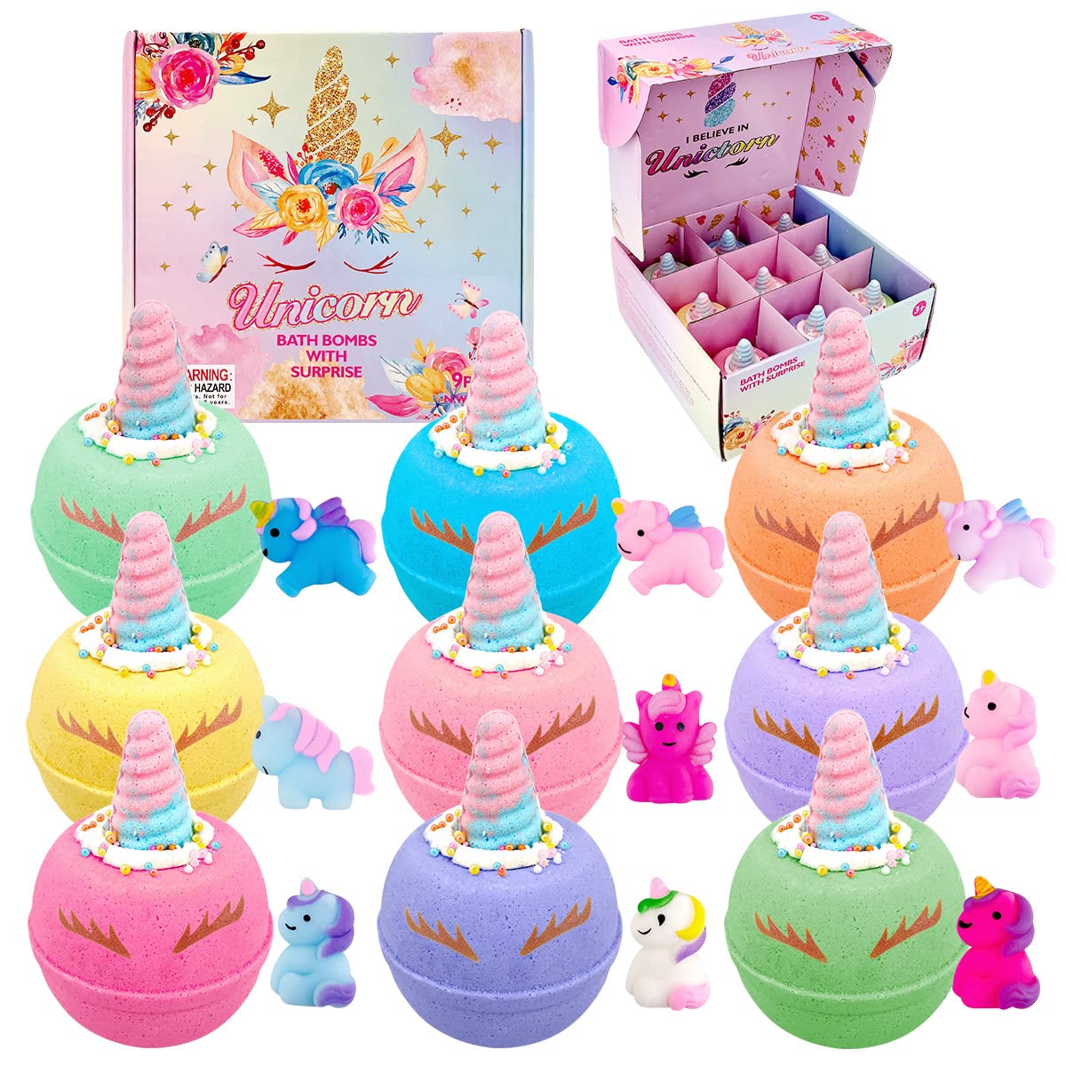 Unicorn Bath Bombs for Kids, 9 Large Kids Bath Bombs with Squishy Toys Inside, Magic Unicorn Bath Bombs with Surprise Inside for Girls…