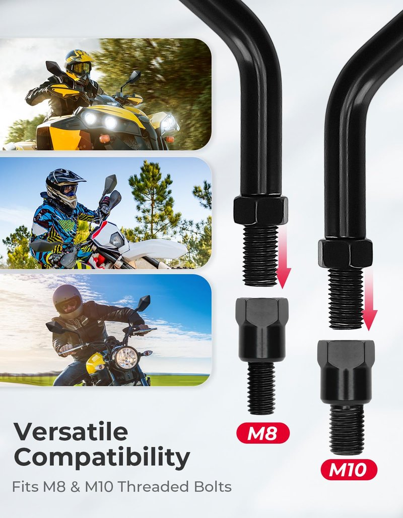 KEMIMOTO Universal Motorcycle Mirrors, Convex Handlebar Rear View Side Mirror with M8 M10 Bolt, Compatible with Bike, Scooter, ATV, UTV, Dirt Bike and More