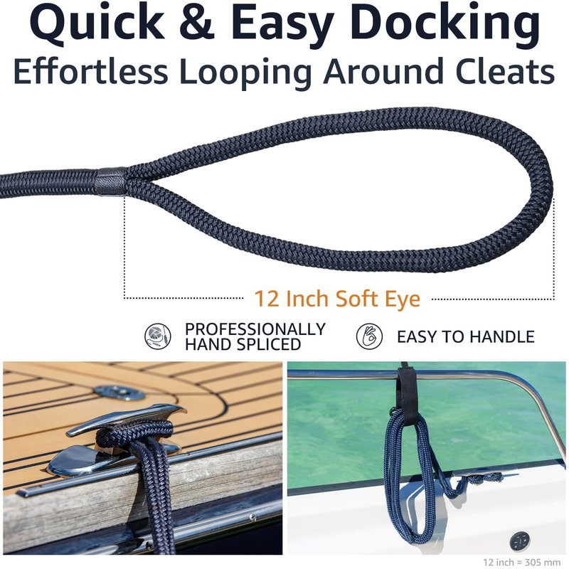 PACTHSD Double Braid 1/2" x 15' Boat Dock Lines (4-Pack) – Nylon Boat Ropes for Docking with 12" Spliced Eye – Heavy Duty Marine Rope – Soft & Durable Boat Lines for Pontoon and Light Boat (Navy Blue)