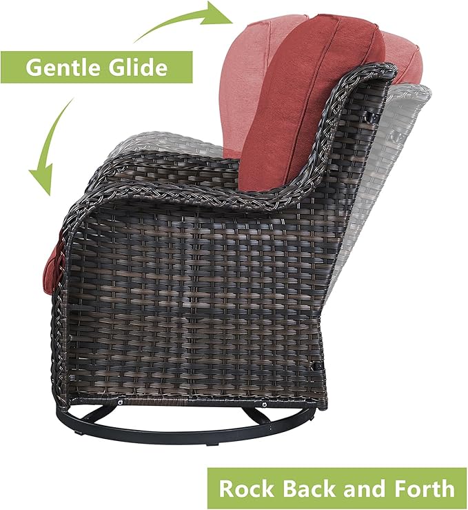 Rilyson Patio Chairs Wicker Outdoor Chair - 6 Piece Rattan Swivel Rocking Chairs Set Patio Glider Rocker Chairs with Glass Top Side Table for Porch Deck Garden Backyard(Brown/Red)