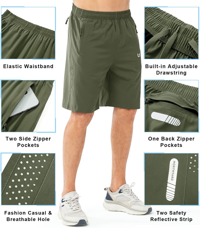 NORTHYARD Men's Athletic Running Shorts Gym Workout 7"/9"/5" Quick Dry Lightweight Sports Basketball Tennis 3 Zipper Pockets ARMYGREEN-9inch L