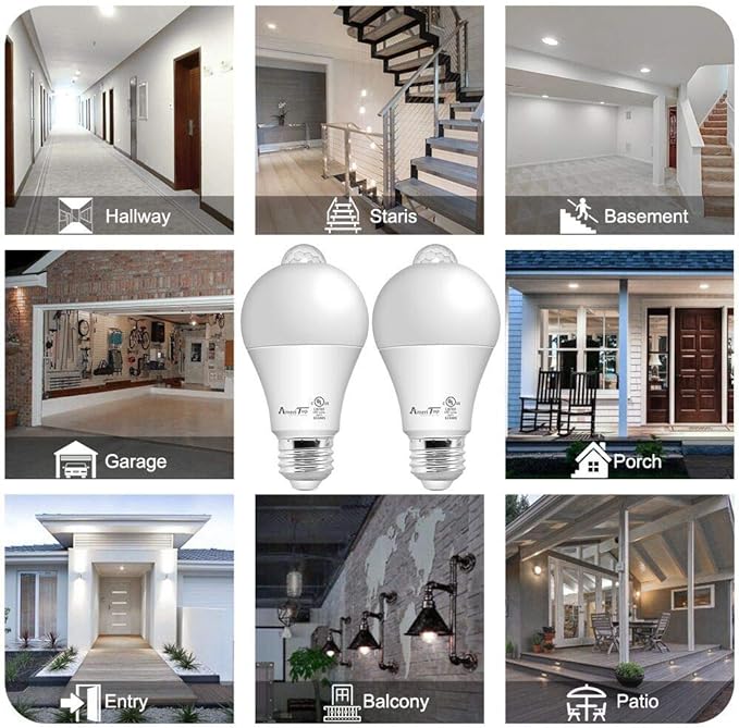 AmeriTop Motion Sensor Light Bulb- 2 Pack, 10W(60W Equivalent) 806lm Motion Activated Dusk to Dawn Security LED Bulb; UL Listed, A19, E26, Auto On/Off Indoor Outdoor Lighting (5000K Daylight)