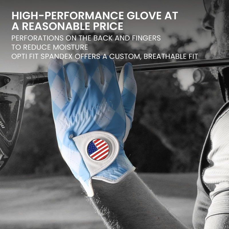 FINGER TEN Golf Gloves Men 1 Pack with Ball Marker for Left Hand Right, Stylish Patterns & Breathable Design for Comfortable All-Weather Grip, Golf Glove Sizes S M ML L XL (Blue Plaid, Large, Right)