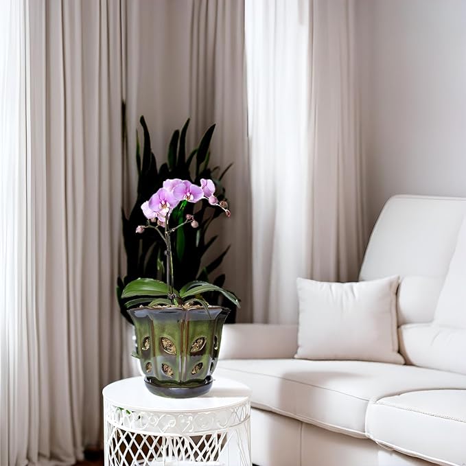Orchid Pots with Holes 6 inch Ceramic Orchid Pot with Attached Saucer and Drainage Hole (mossgreen)