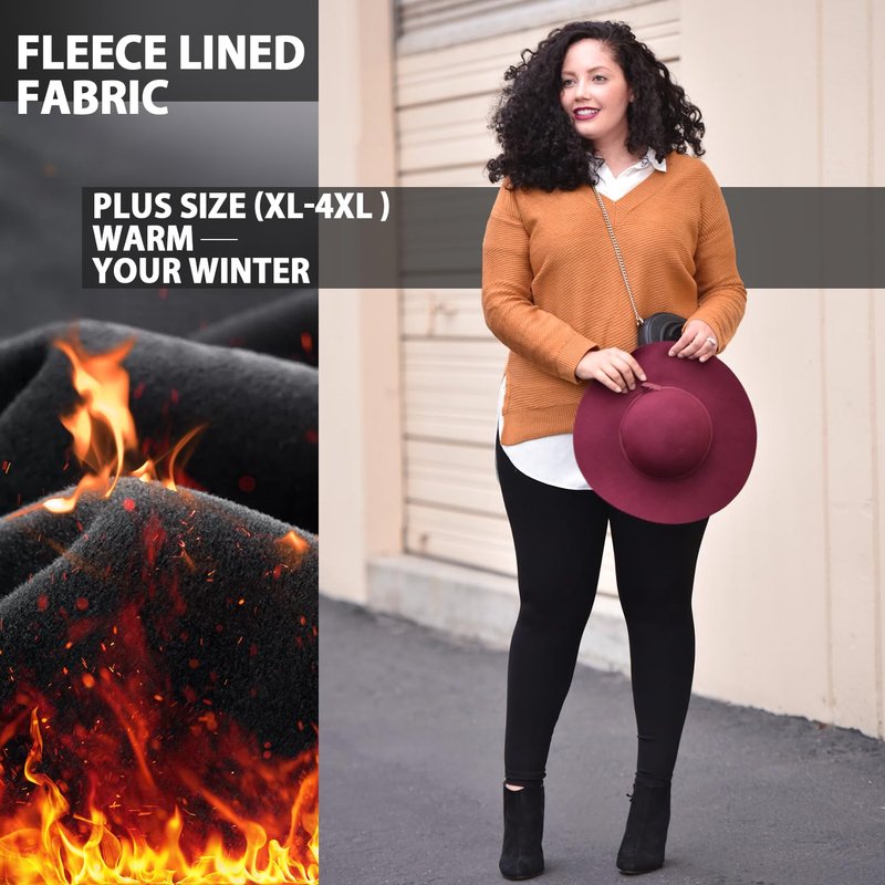 MOREFEEL Plus Size Leggings Fleece Lined with Pockets for Women-XL-4XL Thermal Winter Tummy Control Black Workout Yoga Pants