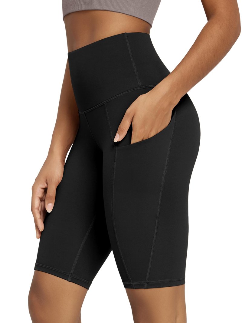 ODODOS 10" Tummy Control Biker Shorts for Women with Pockets High Waist Athletic Workout Yoga Shorts, Black, Large