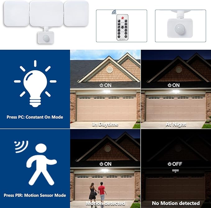 EMANER Flood Lights Motion Sensor Outdoor, Remote Security Light 28W, Dusk to Dawn Always On or Motion Activated On/Off, Tunable Warm White Dimmable for Eave, Garage (White, 1-Pack)