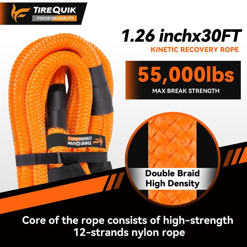 TireQuik Kinetic Recovery Rope 1.26" x 30ft 55000lbs Heavy Duty Offroad Snatch Strap with 2 Soft Shackles, Kinetic Tow Rope Recovery Kit, 35% Elasticity Tow Ropes for Trucks SUV UTV ATV Tractor