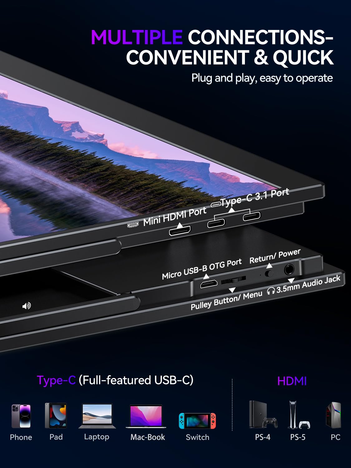 UPERFECT Portable Monitor 18.5 inch 120HZ 125% sRGB 1080P w/VESA & Stand, Large Portable Monitor FreeSync IPS HDR Gaming Display, HDMI USB C Travel Second Screen for Laptop MacBook