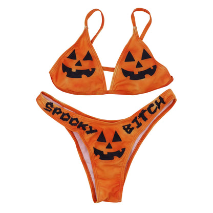 ANKOMINA Women Gothic Skull Letter Printed Two Piece Swimsuit High Cut Triangle Bikini Set for Rave Party Festival Halloween Orange