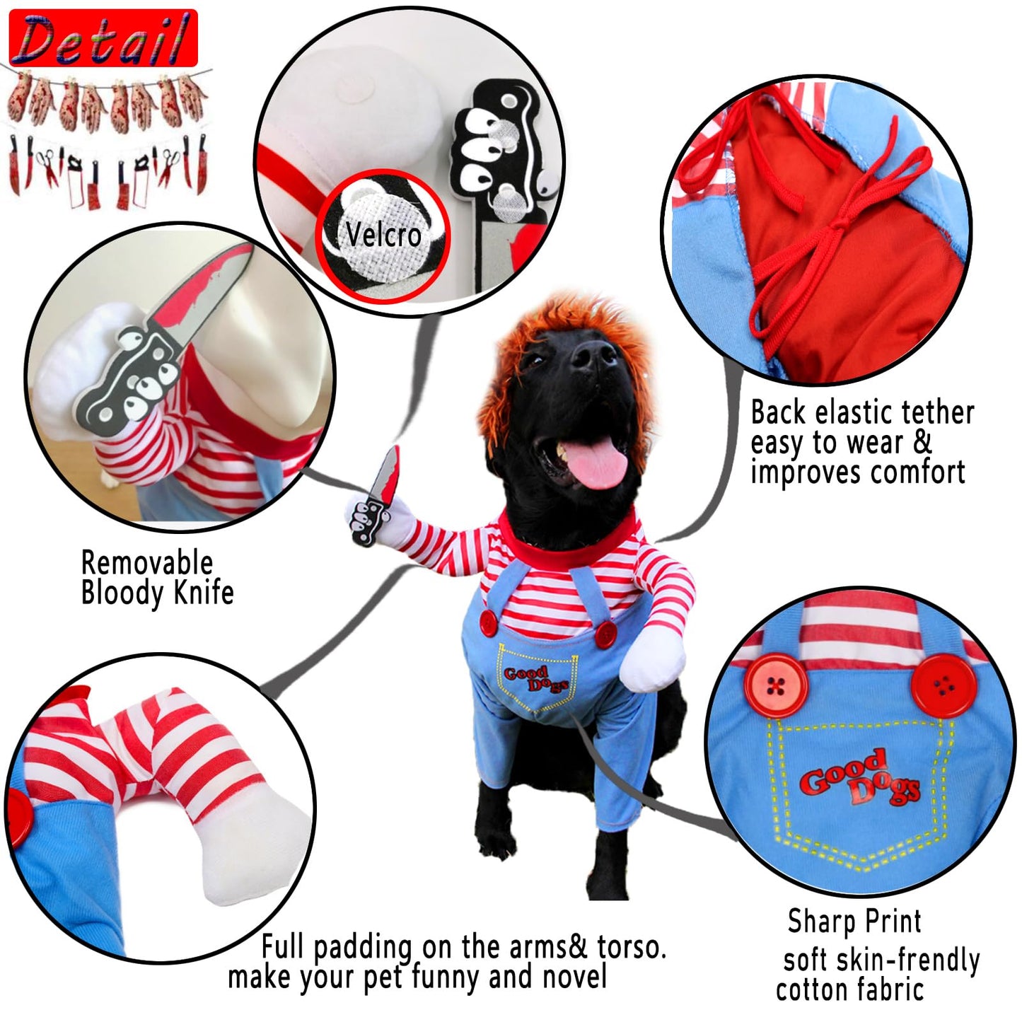Pet Deadly Doll Chucky Costume, Funny Halloween Cute Dog Clothes Party Cosplay for Small, Medium, Large Dogs, Cats & Puppies, Scary Spooky Kitty Apparel