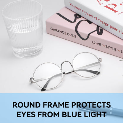 Dollger Retro Round Glasses Harry Style Glasses Clear Lens Non-Prescription for Men Women Adult Costume Metal Frame 2pcs Black+Sliver