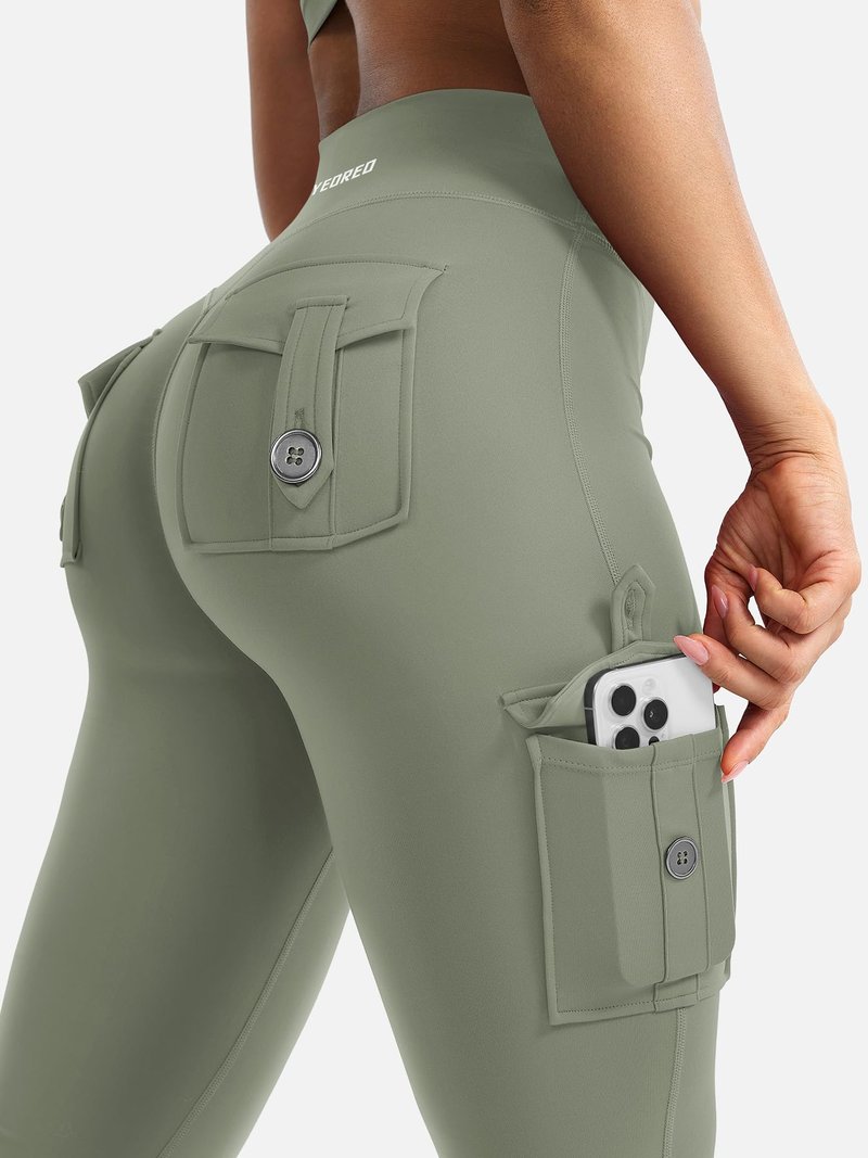 YEOREO CoreFlex Women Workout Flare Leggings with Pockets Hidden Scrunch High Waisted Cargo Gym Yoga No Front Seam Leggings Light Army Green M