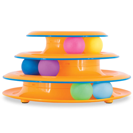 Catstages Tower of Tracks – 3-Level Interactive Cat Toy with 6 Spinning Balls, Non-Slip Base, Ideal for Indoor Cats, Orange