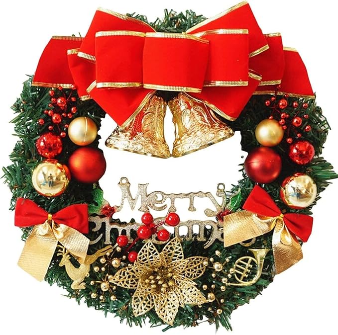 H&W Medium Christmas Wreath (15.8 Inch / 40 cm) for Front Door Wall Windows Artificial Poinsettia Xmas Decoration with Tinkle Bell Bowknot and Small Ornaments (MC7-D1)