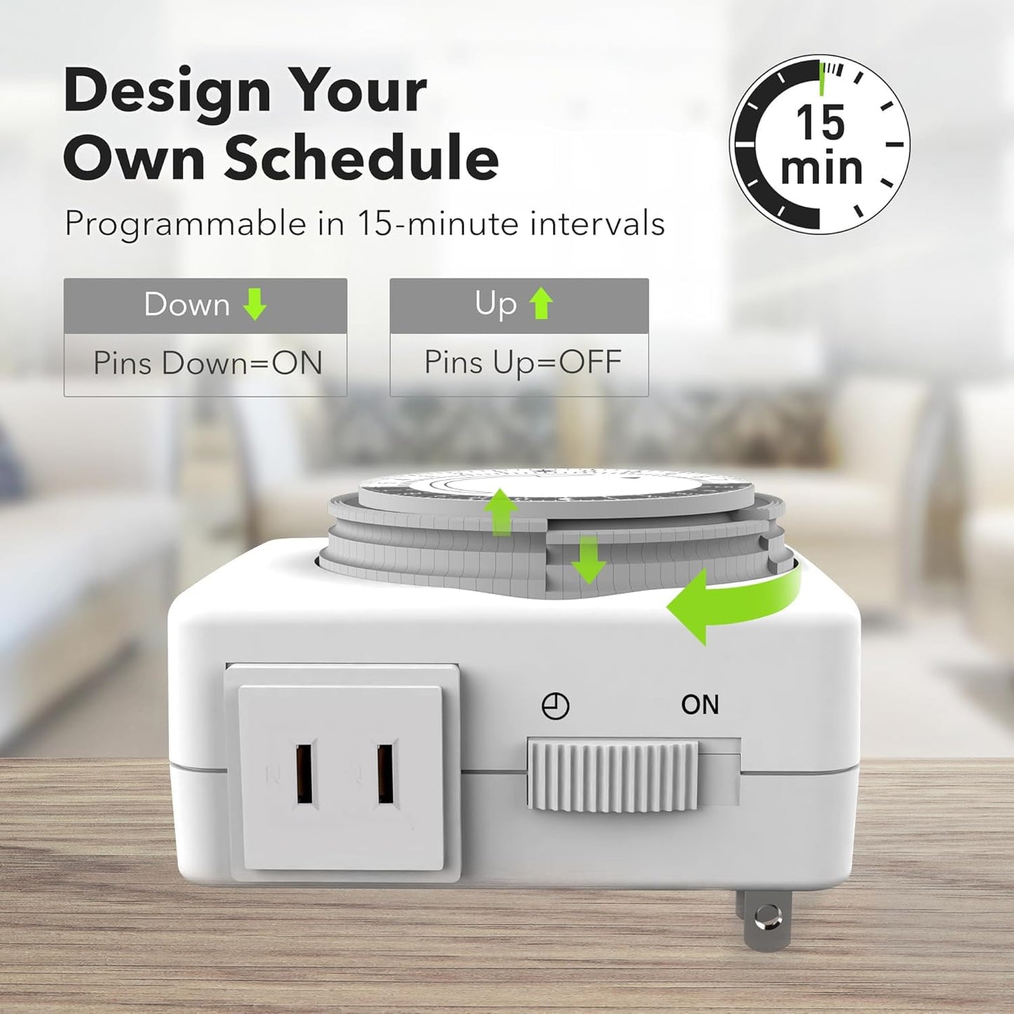 HBN Outlet Timer for Electrical Outlets Indoor, 24 Hour Mechanical Light Timers for Lamps, Dual 2-Prong Plug-in Outlets, 15-Minute Intervals, Heavy Duty Daily Cycle, 2 Pack