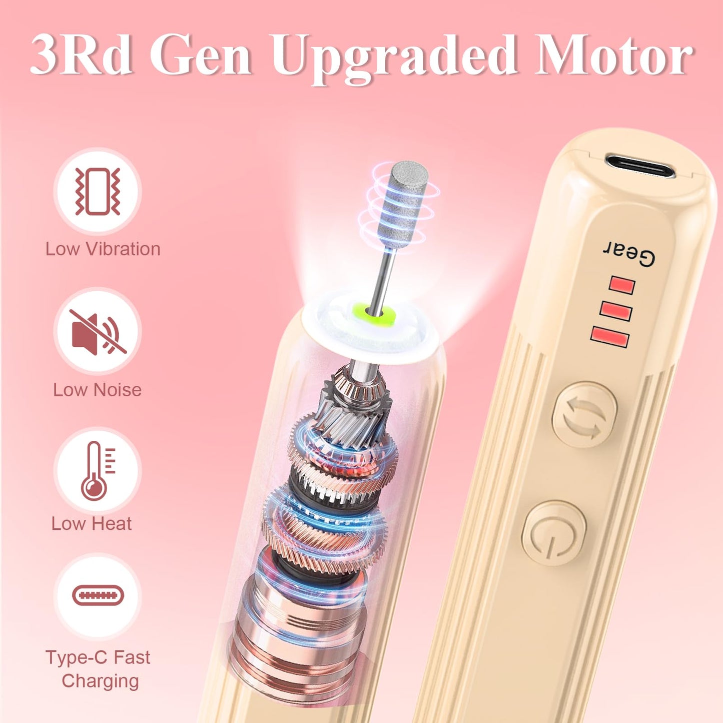 Professional Nail Drill Set, 2,0000 RPM Electric Nail File with 12 Grinding Head & 100Pcs Sanding Bands for Acrylic Gel Nails, Manicure and Polishing (Beige)