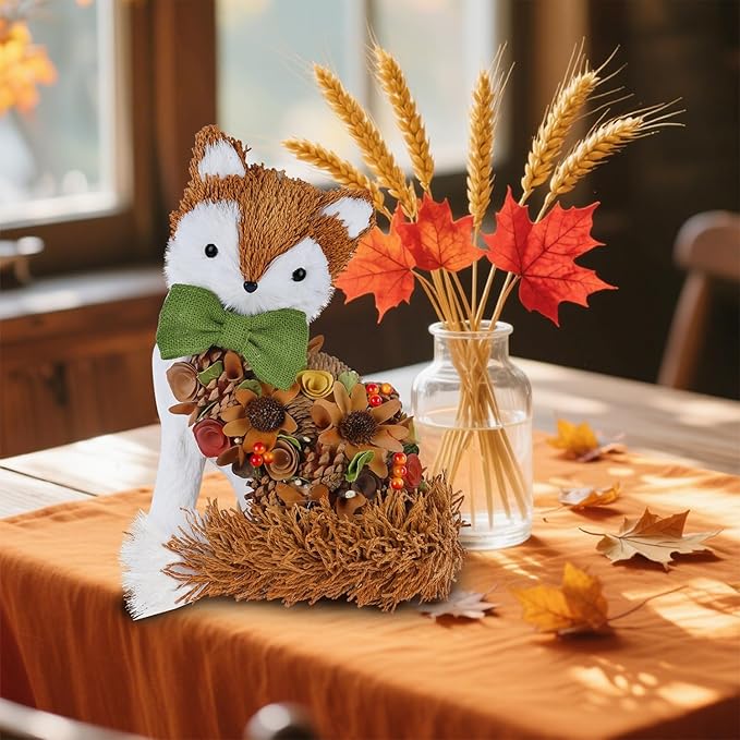 Glintoper Fall Wreath for Front Door, 14" Thanksgiving Straw Fox Figurine with Woodchip Pinecone, Hanging Harvest Autumn Gifts, Tabletop Centerpieces, Woodland Animal Home Kitchen Office Decor