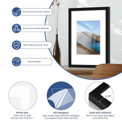 PEALSN 8x12 Picture Frame Set of 6, Display Pictures 6 x 8 with Mat or 8 x 12 Without Mat for Wall Mounting or Table Top Display, Photo Frames Collage for Wall Decor, Black