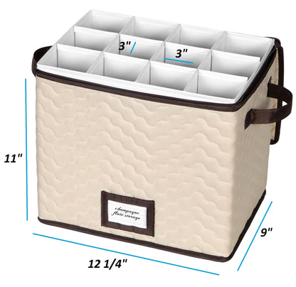 Champagne Flute Glass Storage Box with Dividers - Holds 12 Champagne Flute Glass up to 3" Wide - Stemware Storage Case - Protects Fine China - Durable Quilted Microfiber Bin with Carry Handles