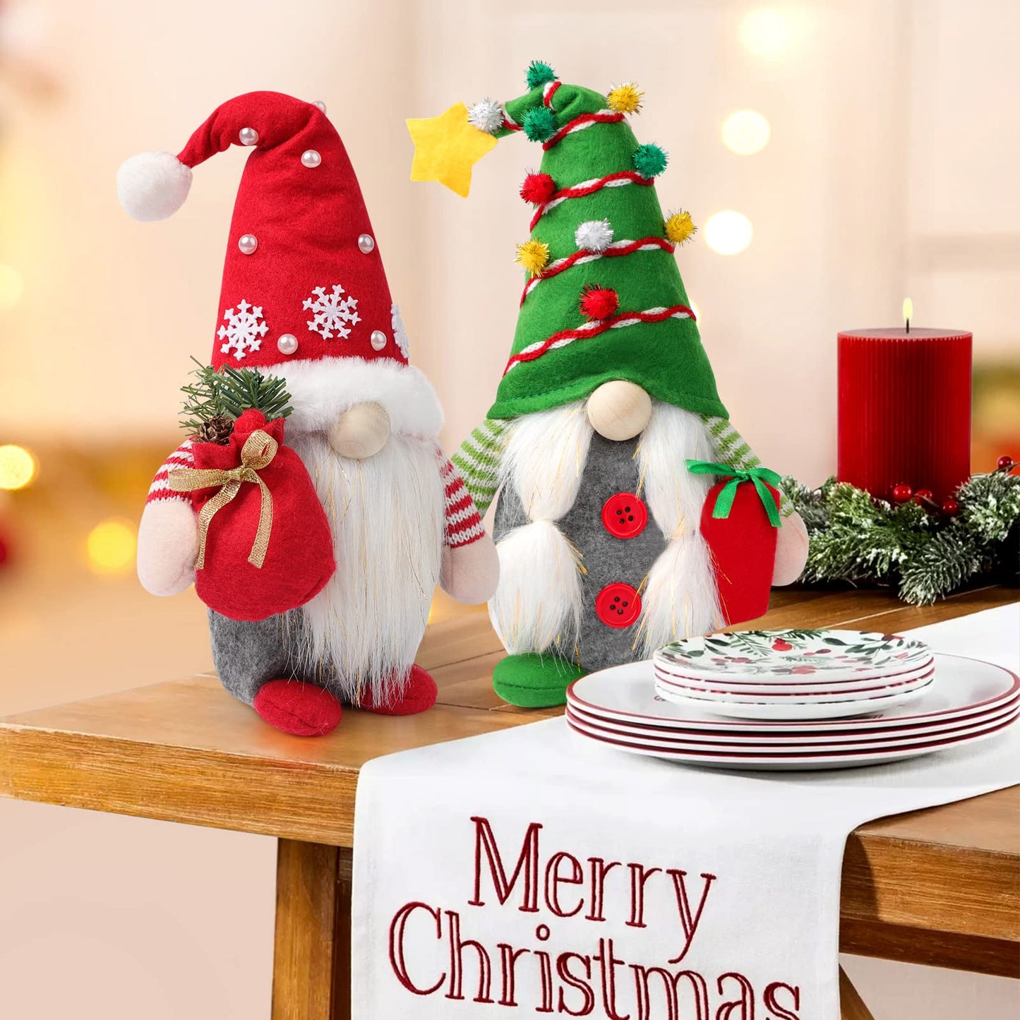 Yonsya Set of 2 Christmas Gnome Plush Decorations, Xmas Farmhouse Tiered Tray Tree Christmas Decor Doll Collectible Figurines - Home Tabletop Elf Ornaments (2, Red+Green)