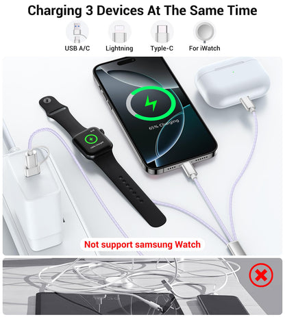 Temdan for Travel Vacation Essentials,3 in 2 USB C Cable for Apple Watch Charger/iPhone 17 Charger/Lightning,Multi Charging Cable Cord,Camping Essentials,Designed for iWatch &iPhone 16-12-5FT Purple
