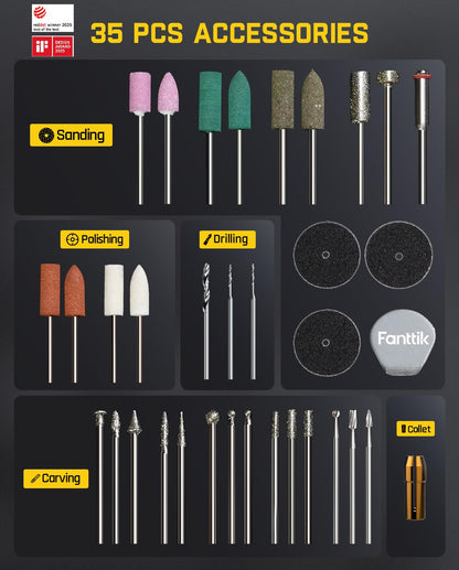 Fanttik F2 Master Mini Cordless Rotary Tool Kit 4V, NeoPulse Motor, 5 Variable Speed, 25000 RPM, Revostor Hub, 35 Accessories, Power Tool for Sanding, Polishing, Drilling, Carving, DIY Crafts