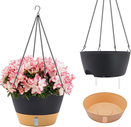 ZMTECH 12 Inch Large Hanging Planters for Outdoor Plants, 2 Pack Self Watering Hanging Planter with Visual Reservoir, Hanging Baskets for Plants Indoor with Drainage Hole and Plant Hanger(Gray)