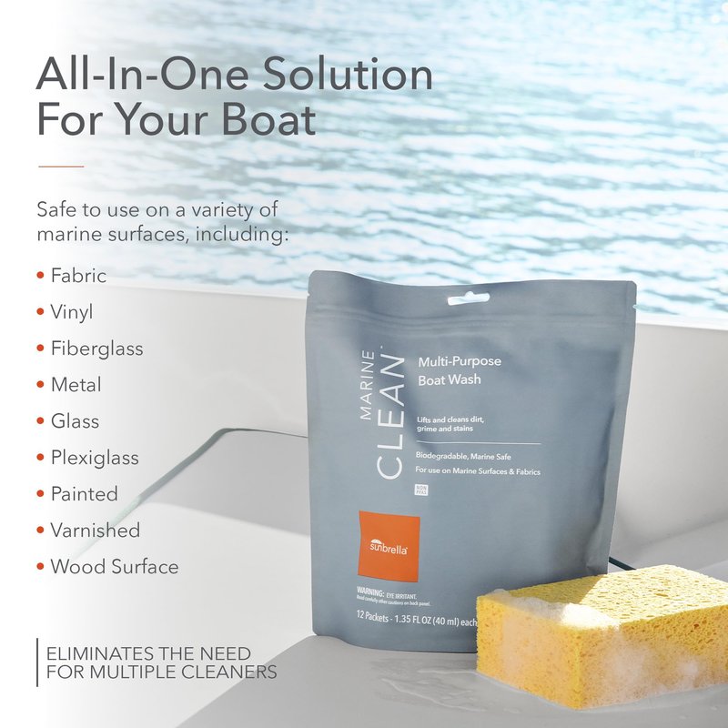 Sunbrella Marine Clean Multi-Purpose Boat Wash | Powerful Concentrated Formula | Clean Your Entire Boat | Removes Dirt, Grime | Safe for Fiberglass, Vinyl, Metal & More | 12 Individual Packets
