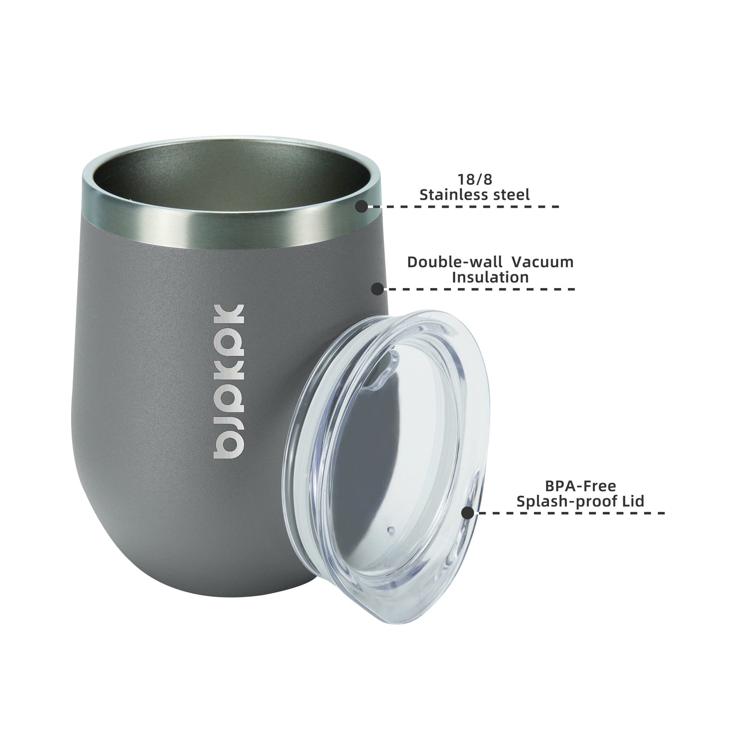 BJPKPK 2 pcs 12oz Insulated Wine Tumblers, 12oz Double Wall Vacuum Coffee Mugs with Lid, Unbreakable Stainless Steel Wine Glasses, Insulated Coffee Cups for Home & Outdoor, Gray