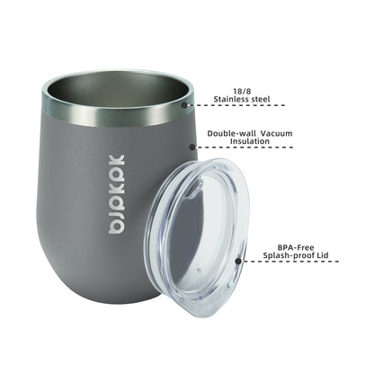 BJPKPK 2 pcs 12oz Insulated Wine Tumblers, 12oz Double Wall Vacuum Coffee Mugs with Lid, Unbreakable Stainless Steel Wine Glasses, Insulated Coffee Cups for Home & Outdoor, Gray