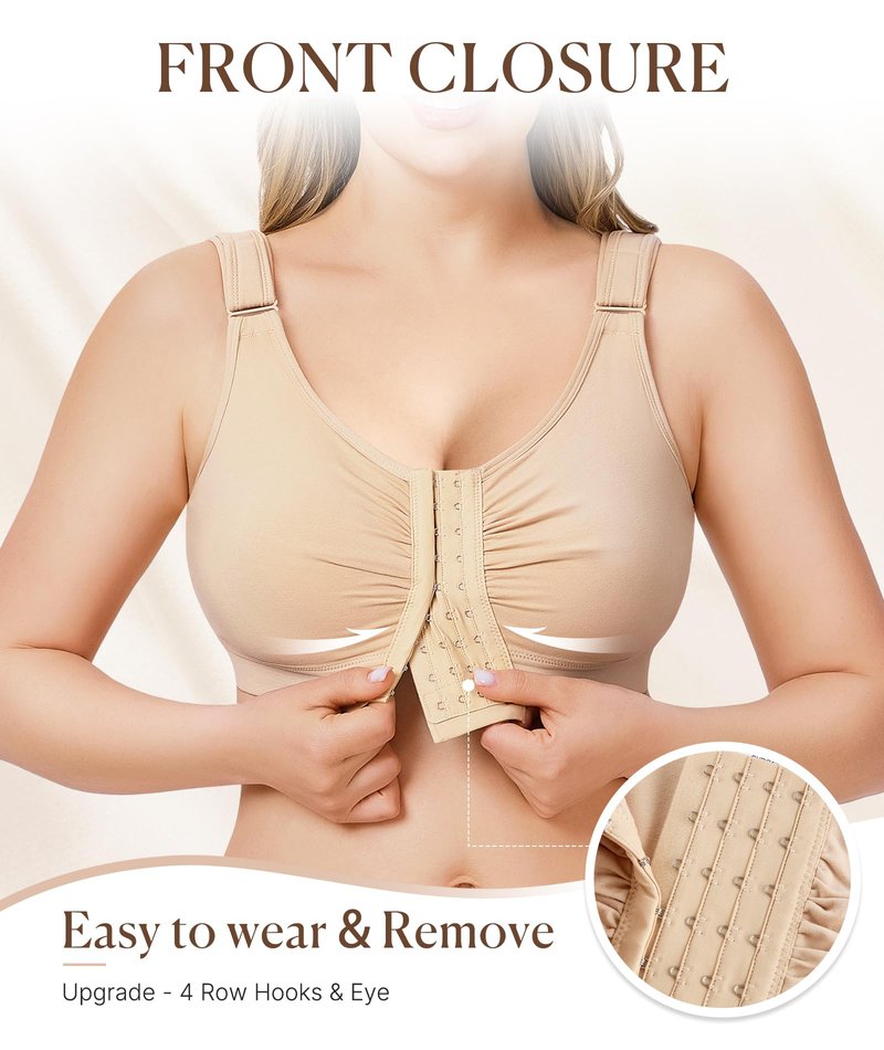 BRABIC Post Surgery Front Closure Bras for Women Full Coverage Compression Mastectomy Wireless Bra with Adjustable Straps, Beige, Medium
