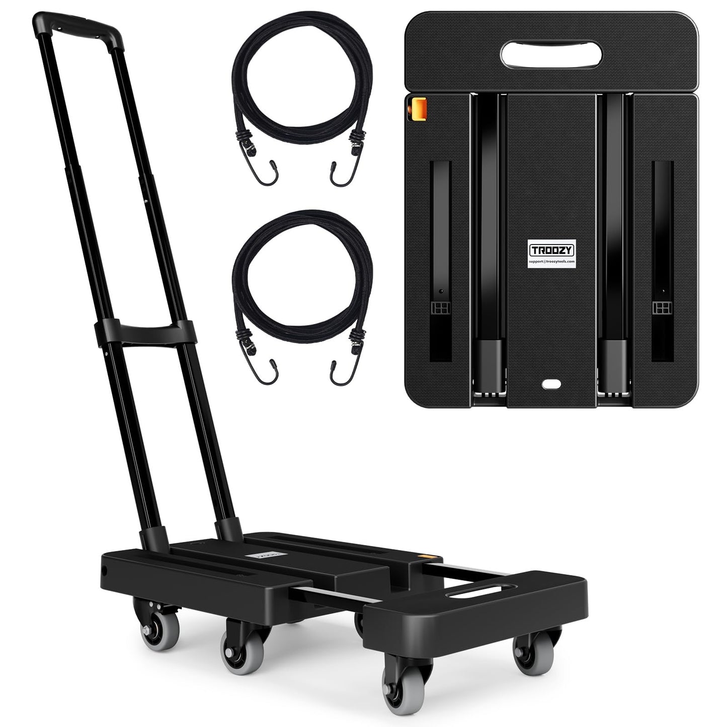 Folding Hand Trucks, Heavy Duty Dolly Cart with 6 Wheels & 2 Elastic Ropes, Foldable & Ideal for Luggage, Travel, Moving, Shopping, Office Use, Hold Up to 500 LB, Easy to Store, Black