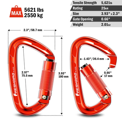 FresKaro Climbing Carabiner Clips Heavy Duty, UIAA Certified 25kN Auto Locking Carabiners, Twist Lock, 7075 Aluminium, Lightweight, Rust Free, for Rappelling, Hiking etc, 4Inch, Red, 2 Pack