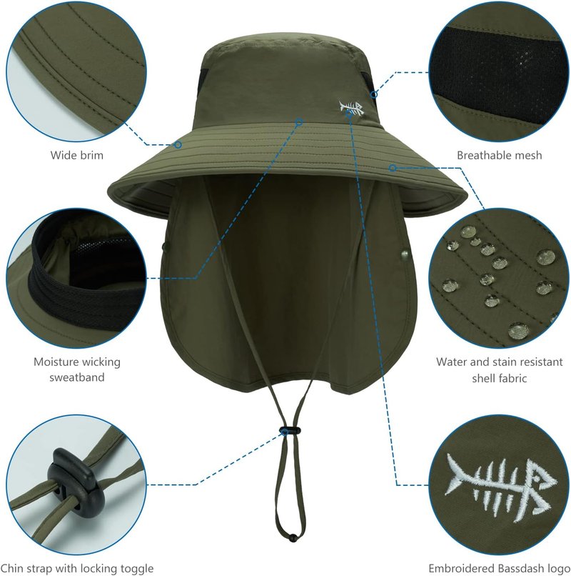 BASSDASH UPF 50+ Sun Hat - Breathable Wide Brim Bucket Hat with Removable Face Cover & Neck Flap for Fishing & Hiking