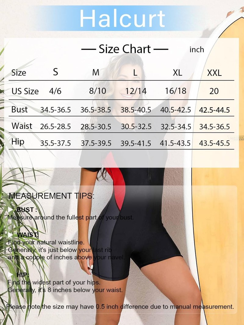 Halcurt Women's Boyleg One Piece Rash Guard with Built in Bra Zip Front UPF50+ Short Sleeve Full Body Surfing Swimsuit Black Red Gray S