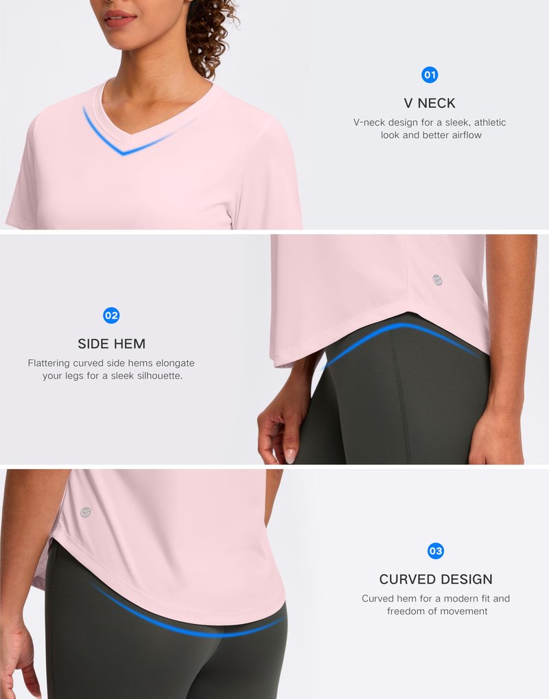 Womens Workout Shirts V-Neck Short Sleeve UPF 50+ Sun Shirt Moisture Wicking Dry Fit Top for Gym, Running, Athletic (Peach, L)