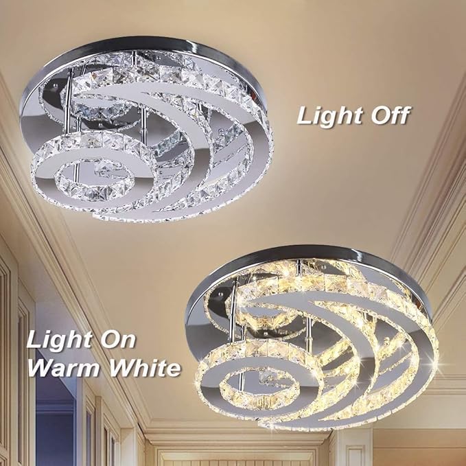 CXGLEAMING 15.7" Modern LED Ceiling Light Flush Mount Crystal Chandelier Light Fixture Round Moon Shape Modern Chandeliers for Living Room Bedroom Bathroom Hallway(3 Color Changable)
