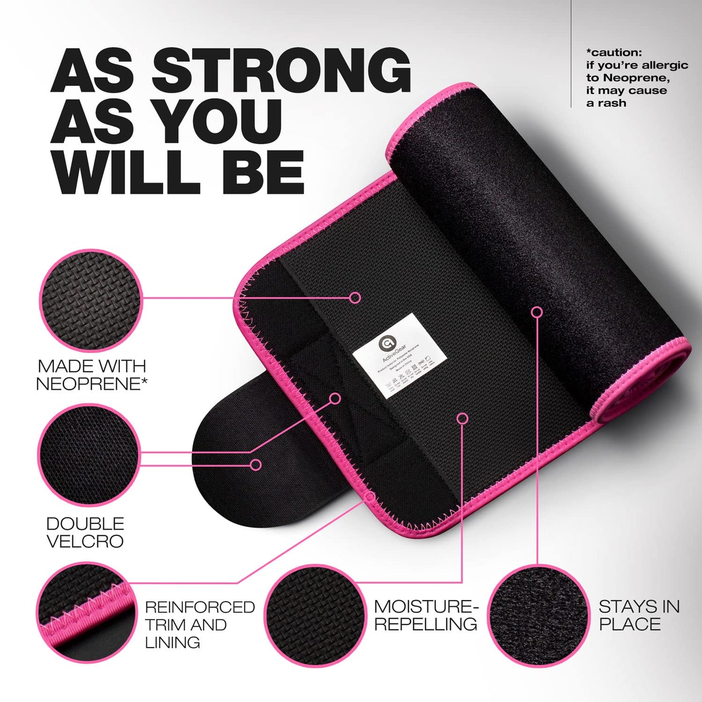 ActiveGear Waist Trainer for Women & Men - Sweat Band Waist Trimmer Belt for a Toned Look - Reinforced Trim and Extra Secure Fastening (Pink Hem, Medium: 8” x 42”)