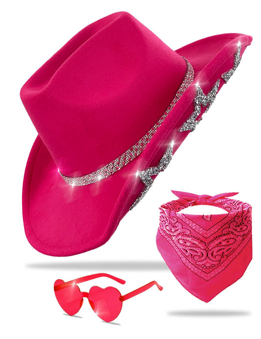 JICASTO Cowboy Hat for Women Men 6 Sparkly Stars Brim & Rhinestone Belt Western Cowgirl Hat with Sunglasses Bandanas (US, Alpha, One Size, Hot Pink)