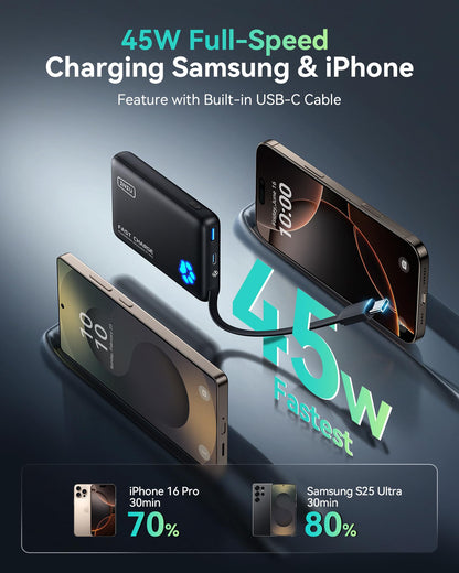 INIU 45W Portable Charger, 10000mAh Built-in USB C Cable Fast Charging Power Bank, Small Type C Battery Pack, Powerbank for iPhone 17 16 15 14, iPad, Samsung S25 S24 etc. Travel Camping Essentials