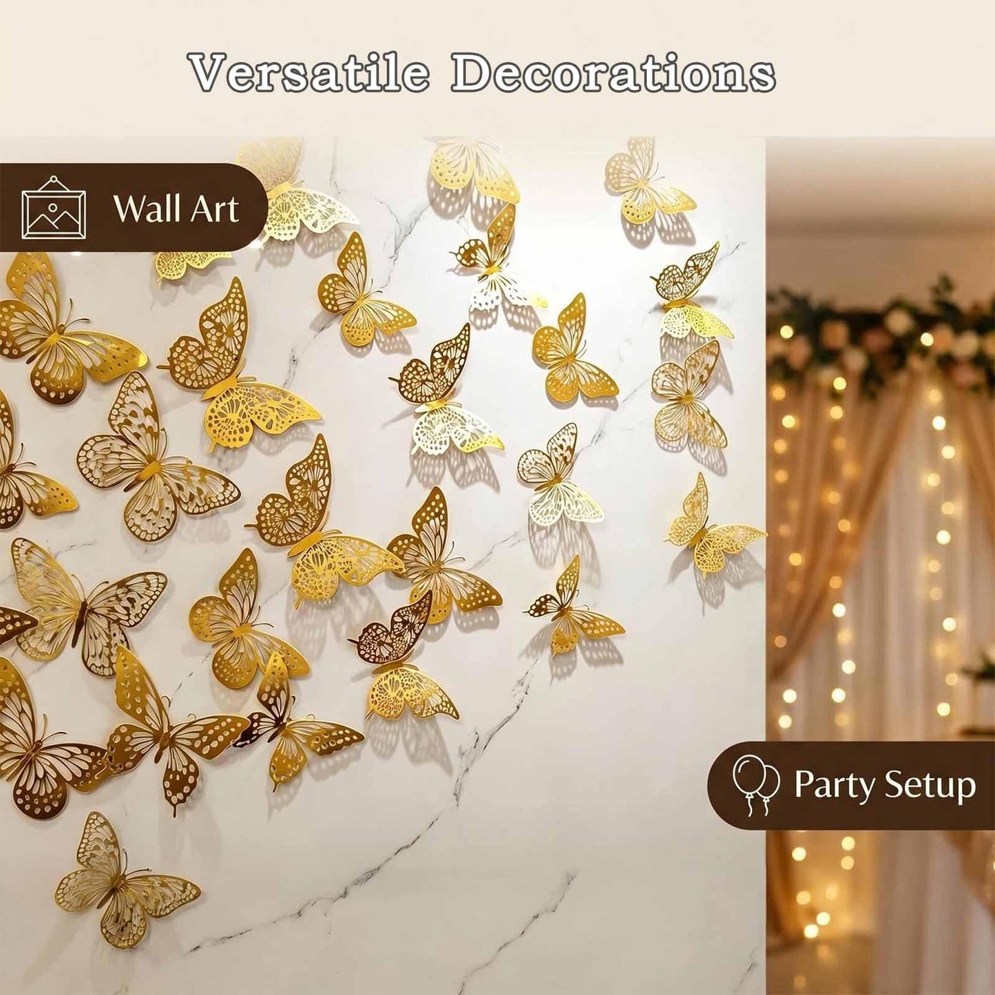 Kisajar Butterfly Wall Decor,108 Pcs 3D Gold Butterflies - 5 Styles 3 Sizes Removable Decorative Butterflies Stickers for Bouquets,Birthday Party,Wedding,Cake Decorations